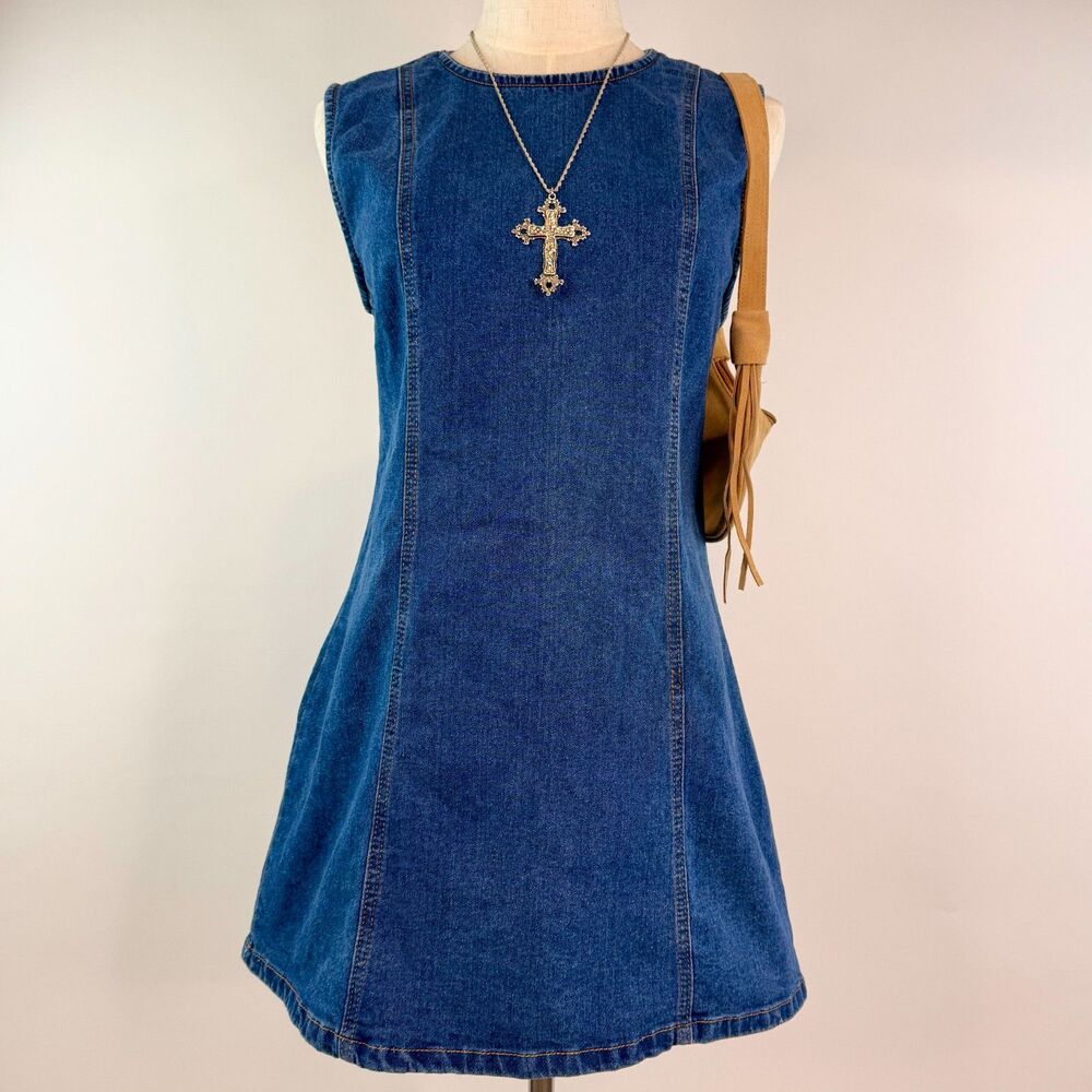 Vintage Vigoss 90s Blue Denim Dress Sleeveless A-Line Zip Up Y2K Size XL